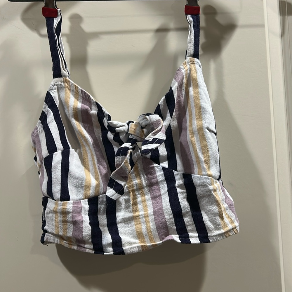 Hollister linen blend striped self tie front crop top adjustable straps tube M